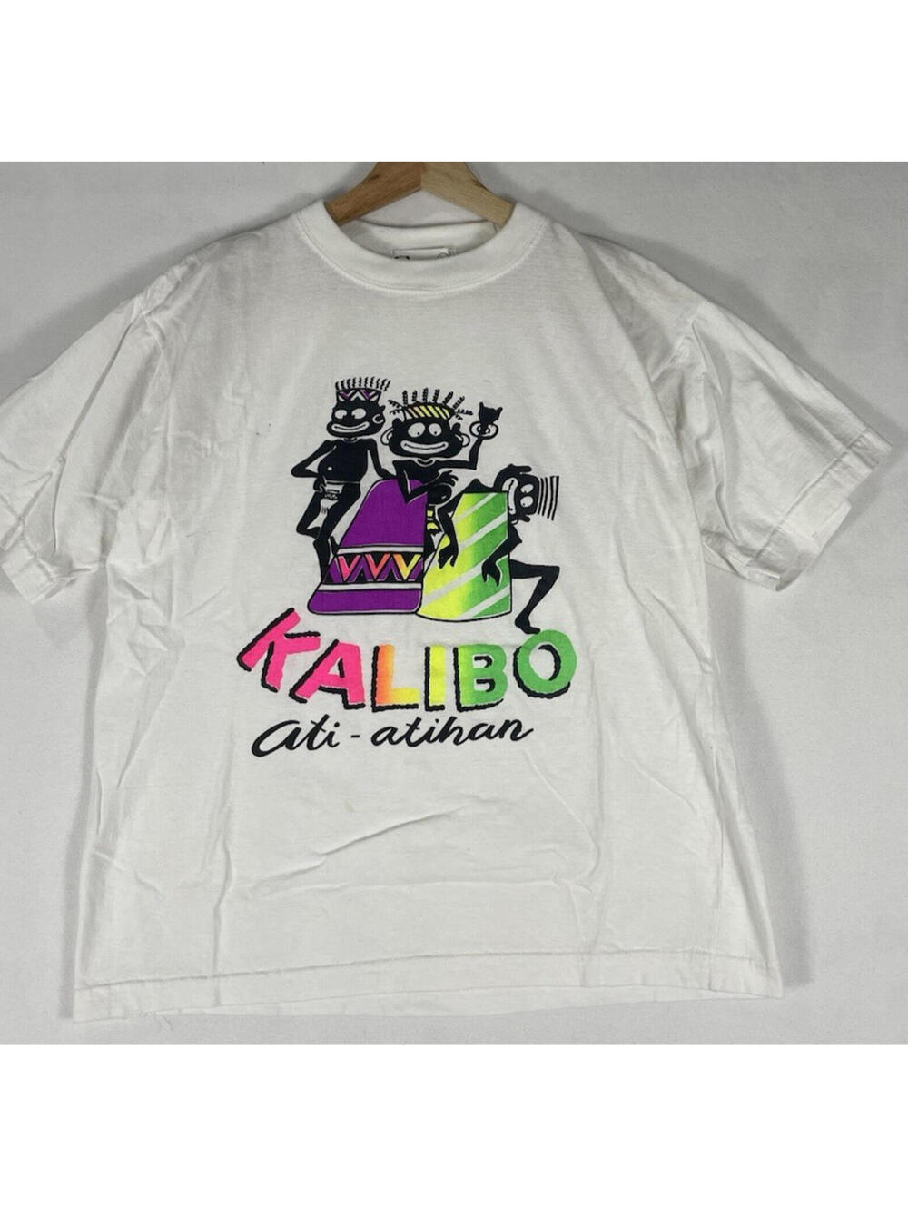 Vintage Y2K Kalibo Ati-Atihan Festival Neon White T-shirt African Sz L